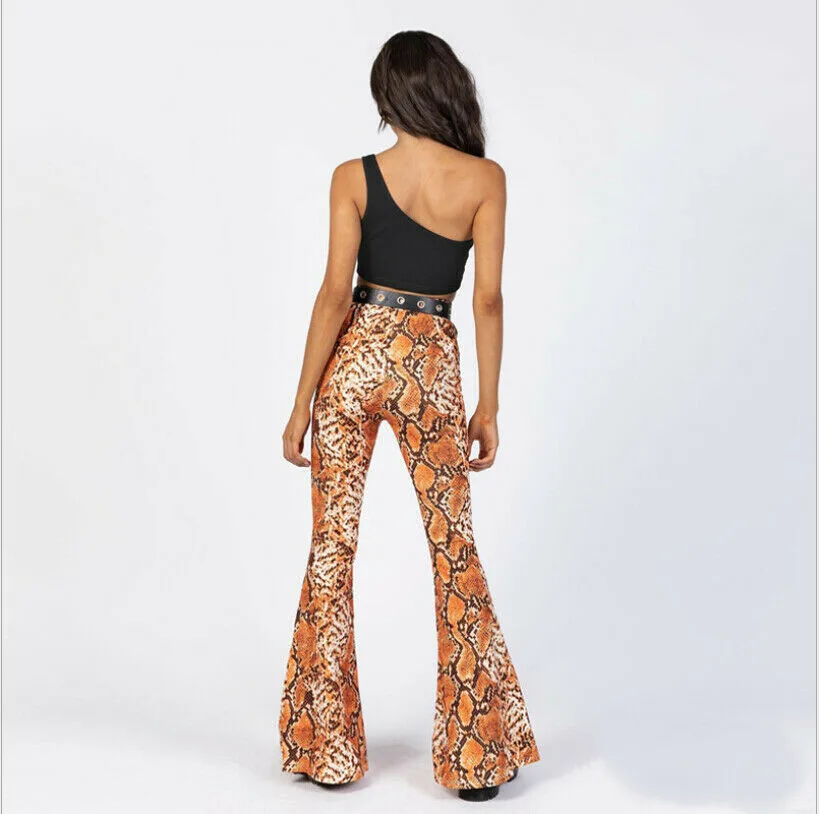 Женские брюки-клеш со змеиным принтом с высокой талией и широкими штанинами