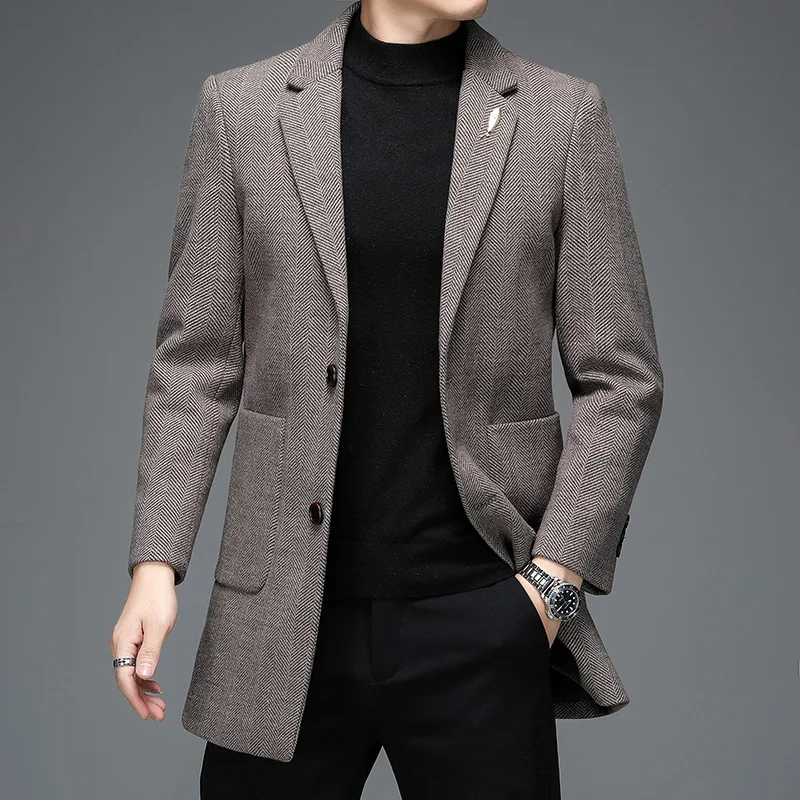 

Men's Thicken Wool Trench Coat Jacket 2021 Winter Long Slim Windbreaker Men Casual Trench Coat Outwear Steetwear Erkekler Ceket