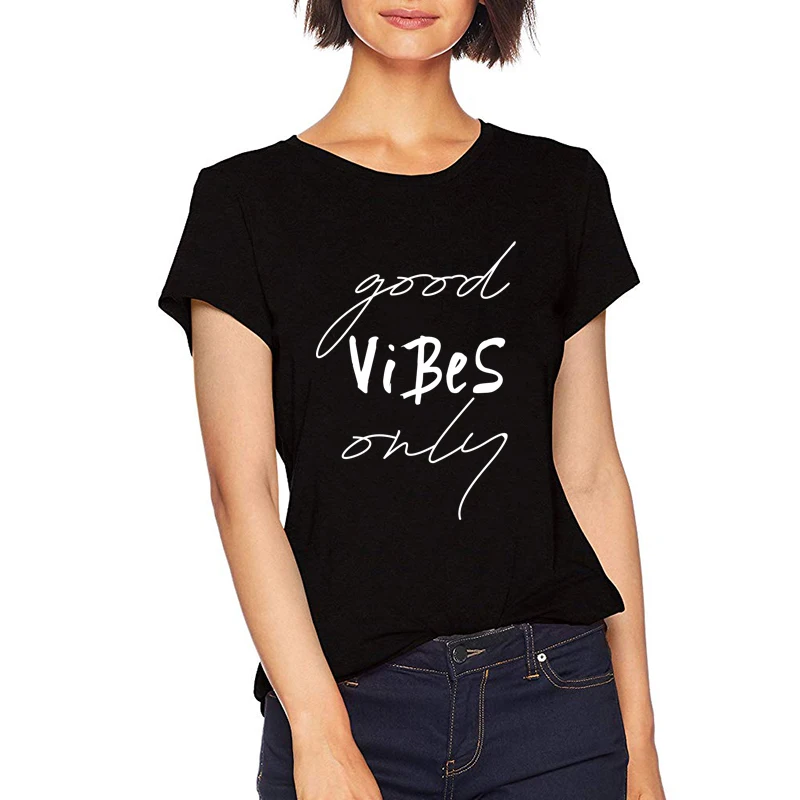 Только Good Vibes футболки Для женщин Лето Тонкий Kawaii Для женщин футболка полиэстер высокое качество женский письмо печати День Независимости футболка