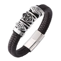 brown braided leather bracelet vintage jewelry men stainless steel magnetic clasp party bracelets bangles gift pd0128