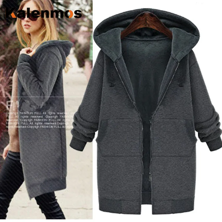 Большие размеры Long длинные зимние толстовки для женщин с карманами на молнии