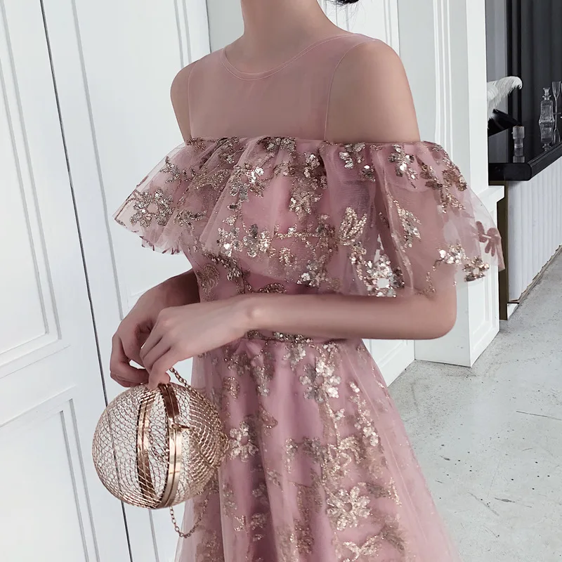 

O-neck Illusion Evening Dresses A-line Floor-length Dark Pink Bling Off the Shoulder Customized Plus size Formal Dress R1524