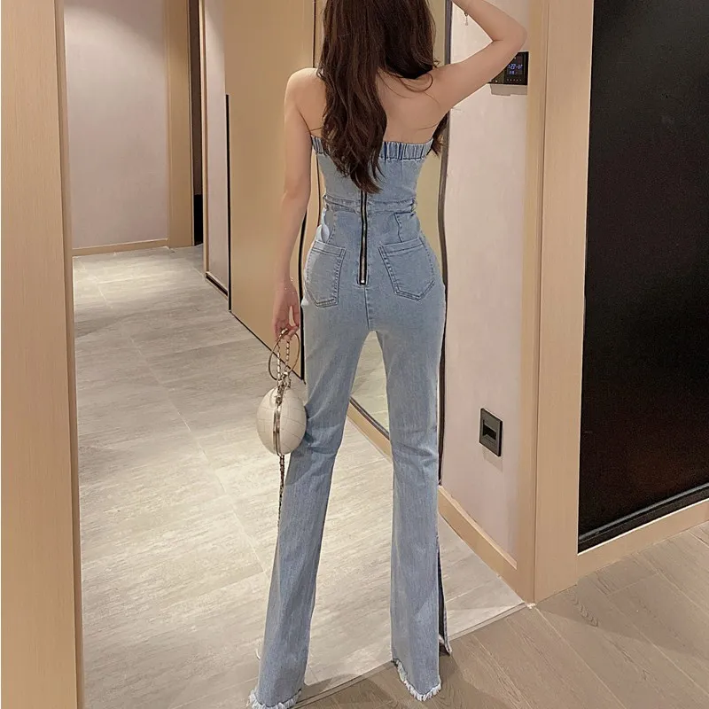 Комбинезон джинсовый женский без бретелек Модный повседневный однотонный