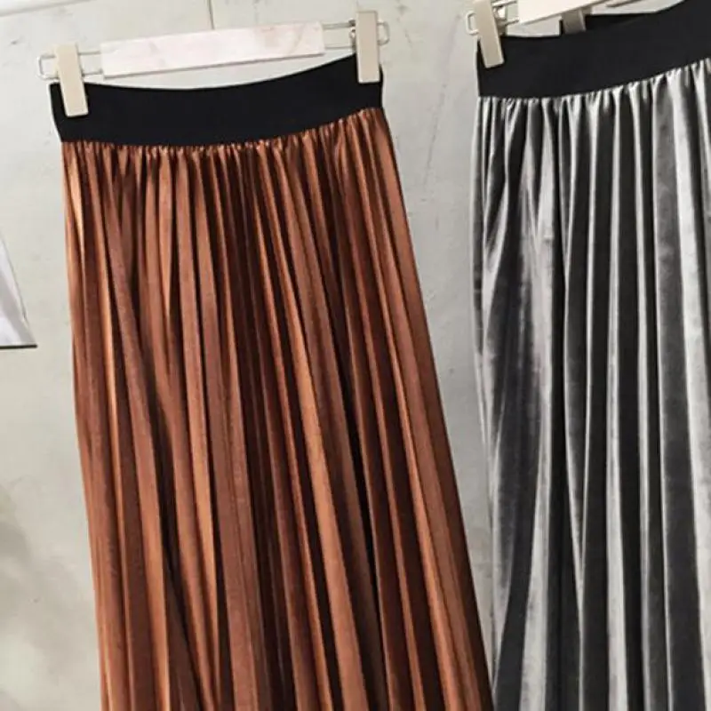

Spring Summer 2018 New Fashion Skirt High Waist Velvet Pleated Skirt Women Solid Elastic Waist Skirt Female