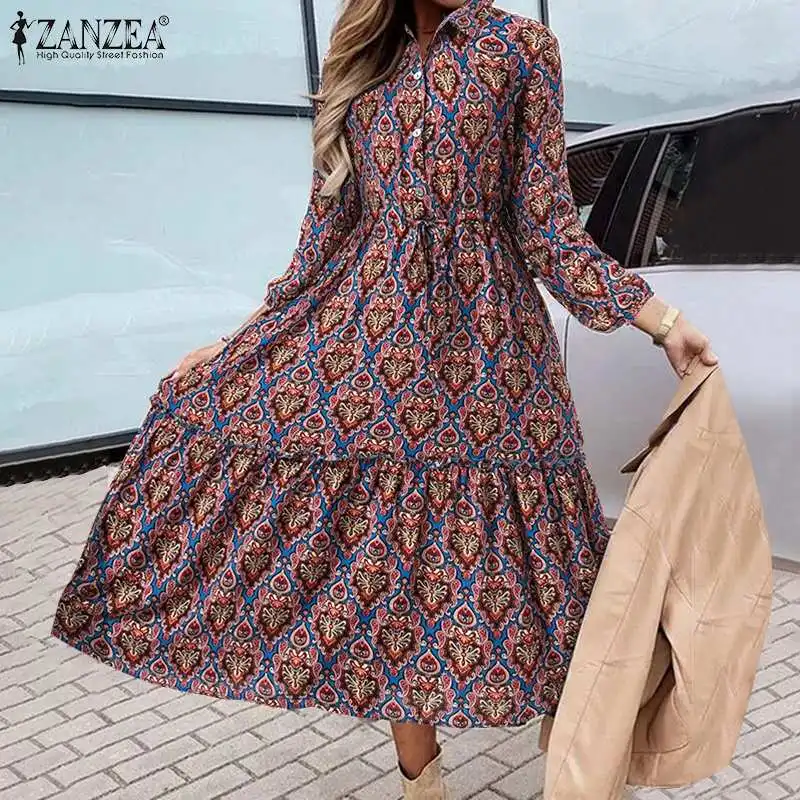 

ZANZEA праздничное 2022 осень в богемном стиле рубашка платье для женщин в стиле ретро, с длинным рукавом, с отворотом, спортивного покроя, Открыт...