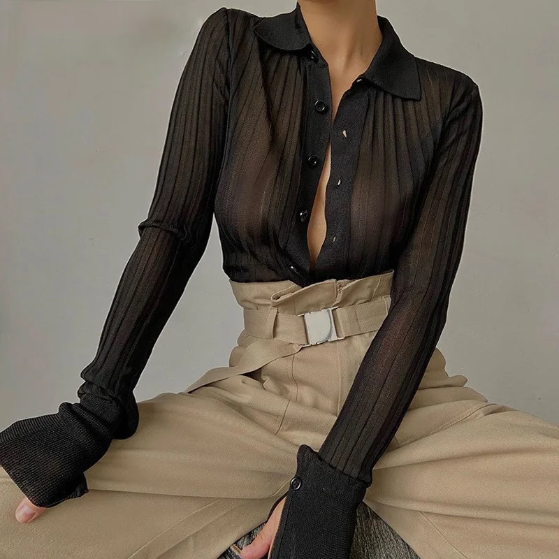 

Black See Through Top Ribbed Knit Button Up Sheer Sexy Shirt Women Spring Long Sleeve Streetwear Elegant Shirts 2021 New