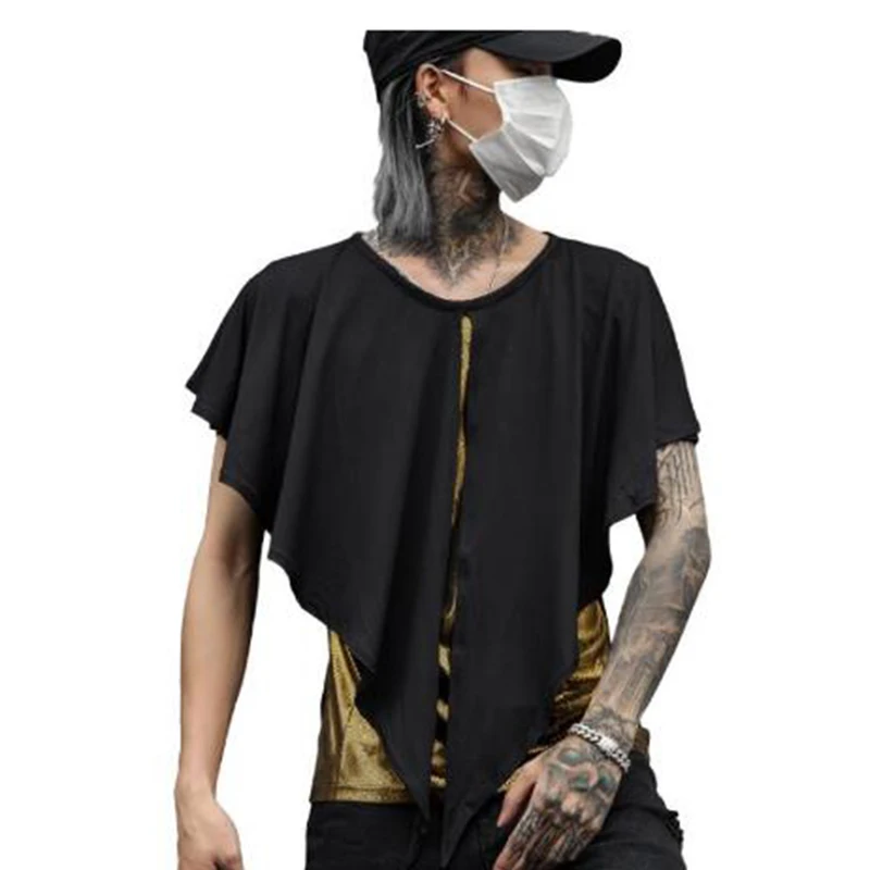 

Nightclub DJ singer irregular fake two piece stage costume golden patchwork hip hop punk rock t shirt man vintage slim tees tops