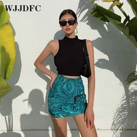 wjjdfc ladies new skirt green water ripple print high waist hip zipper pocket portable short skirt fashion sexy retro mini skirt