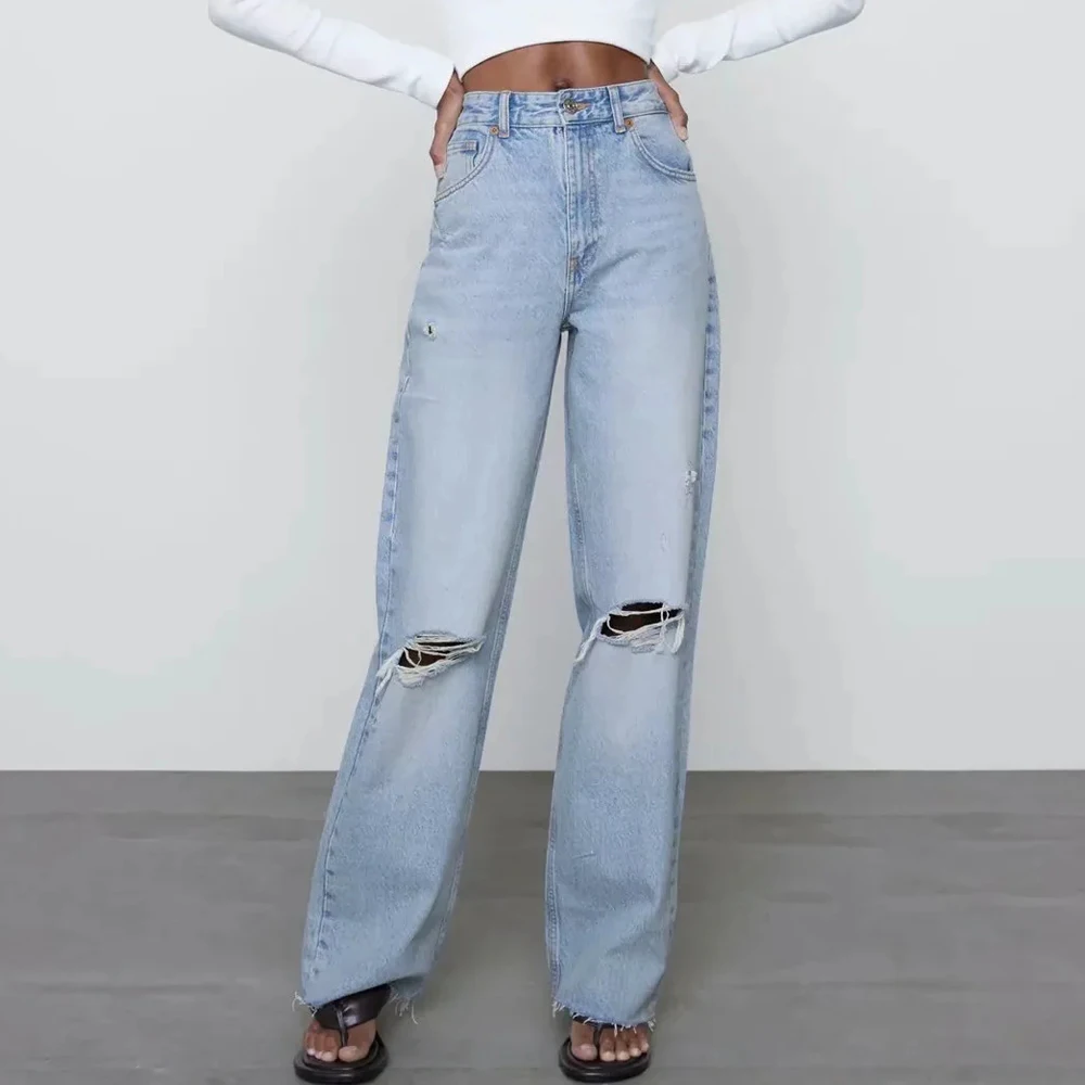 

ZA 2021 women Light Blue straight Ripped Jeans Washed full length High waist Wide-legged Mom denim pants pocket Hole Trousers