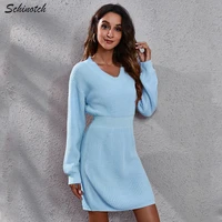 schinotch women knitted dress casual puff sleeve vneck sweater ladys solid color long pullover slinky knit dress female clothes
