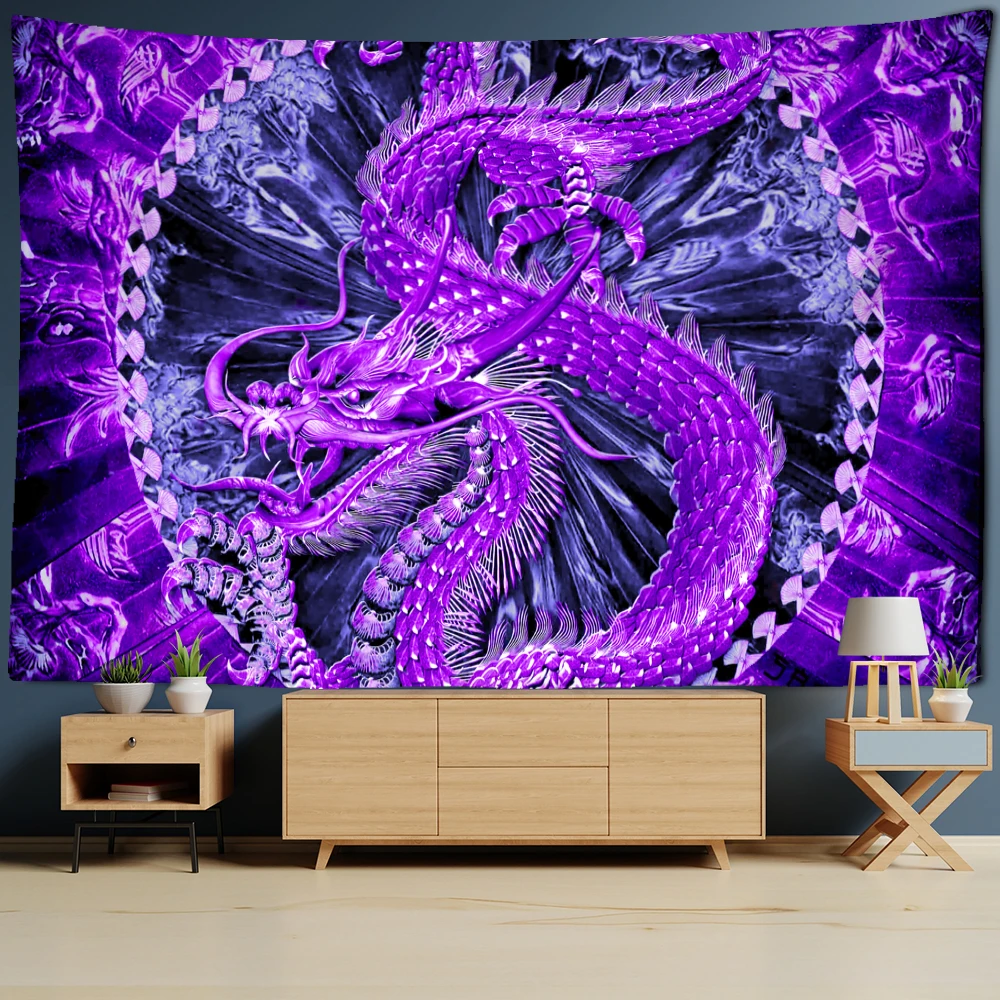 

Violet Loong Dragon Totem Tapestry Cartoon Castle Wall Hanging Room Carpet Bedspread Beach Mat Tapis Home Decor Tapestries Art