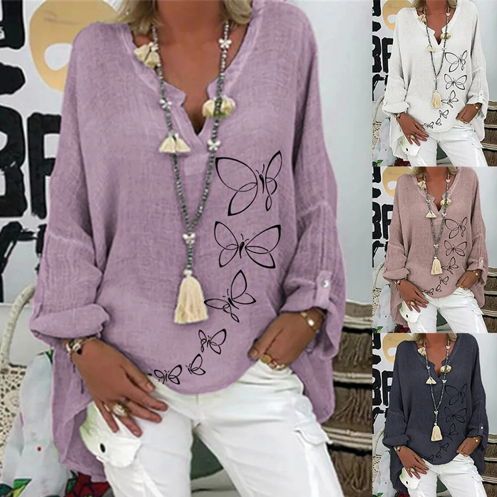 

Plus Size M-5XL blouse women summer tops cotton and linen Casual Long Sleeve Floral Print Loose V-neck Shirts high quality blusa