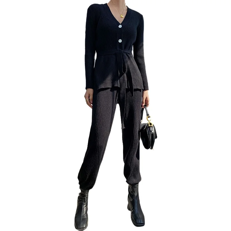 ATKULLQZ Stylish knitted women's French retro suit 2021 new women's early spring V-necked leggings knitted two-piece suit female