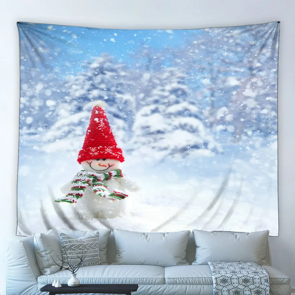 

Cartoon Merry Christmas Snowman Tapestry Fantasy Winter Forest Pine Tree Snow Scene Wall Hanging Bedroom Happy New Year Decor