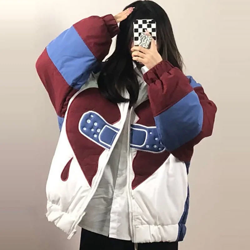 Baseball Jacket Women's Autumn And Winter College Style Love Design Loose Cotton Parkas Women Coat Warm Tops