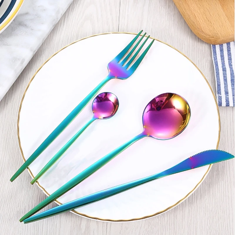 

24pc Creative Stainless Steel Colorful Cutlery Set Rainbow Flatware Dinner Set Travel Dinnerware Sharp Steak Knife Forks Spoons