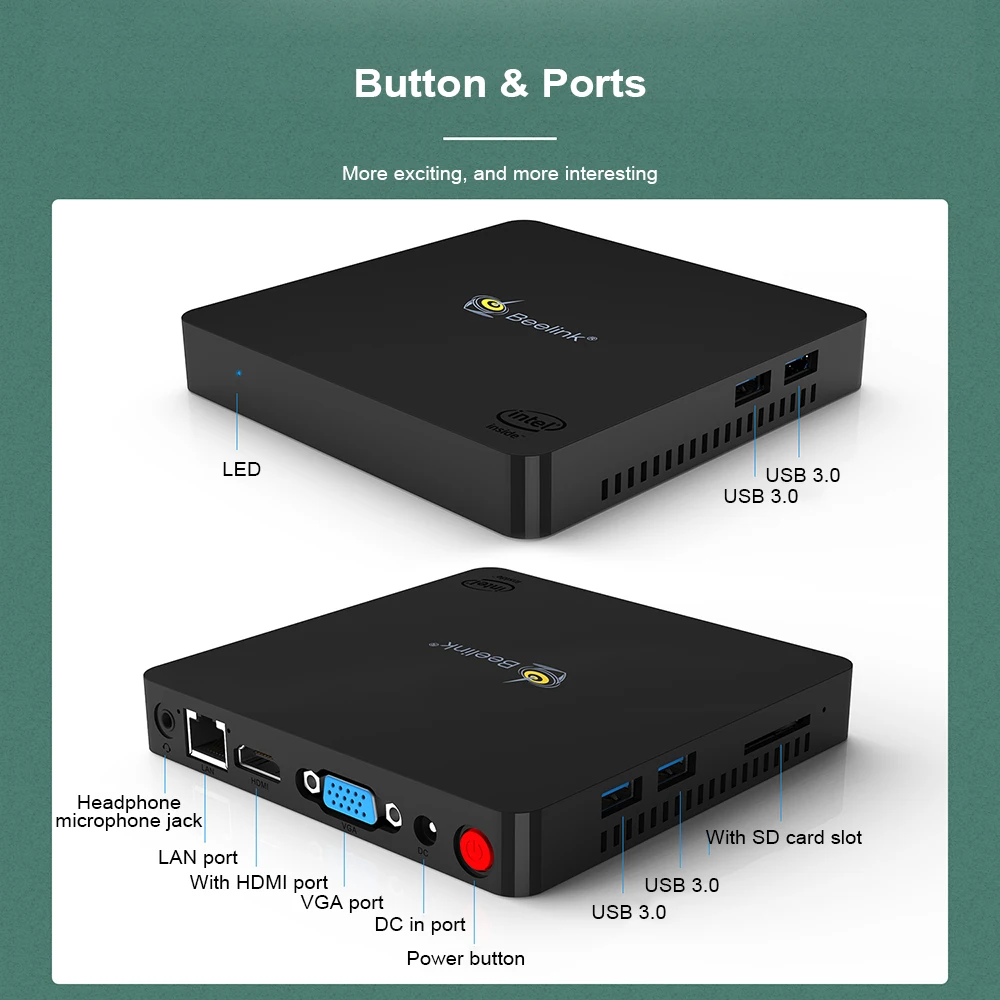 Beelink MII-V Мини ПК Intel N3350 4 Гб ОЗУ 64 ПЗУ двойной дисплей Windows10 Bluetooth 2 4G + 5 8G Wifi 1000M 4K