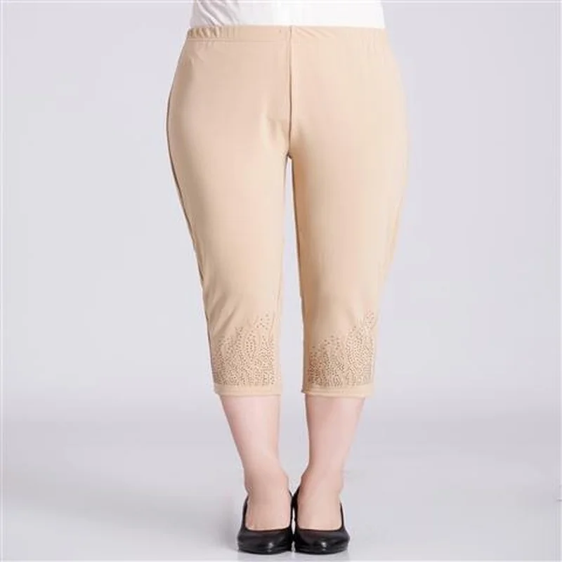 

Summer Women's Casual Straight Pants Solid Color Middle-aged Women Elastic High Waist Bottoming Cropped Trousers Plus Size Y990