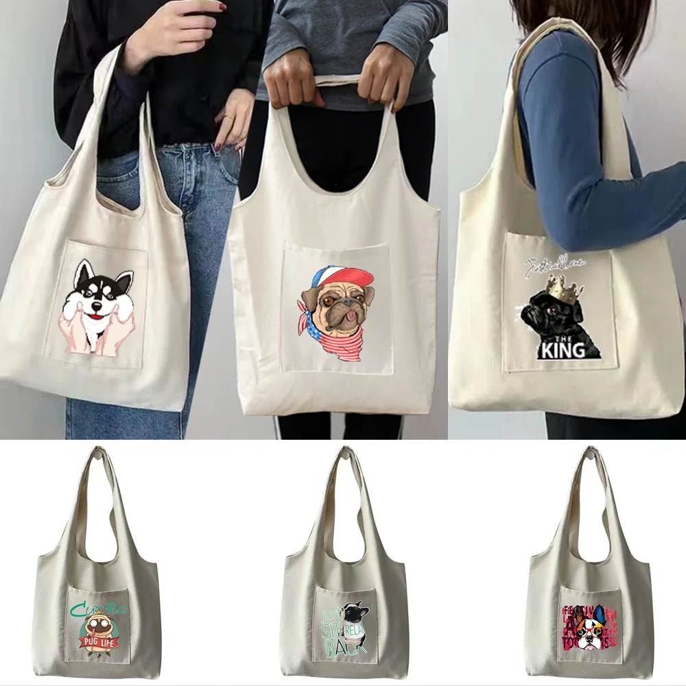 

Women‘s Shopper Shopping Bags Female Canvas Commuter Students Vest Bag Dog Printing Handbags Fabric Grocery Handbags Tote Bag