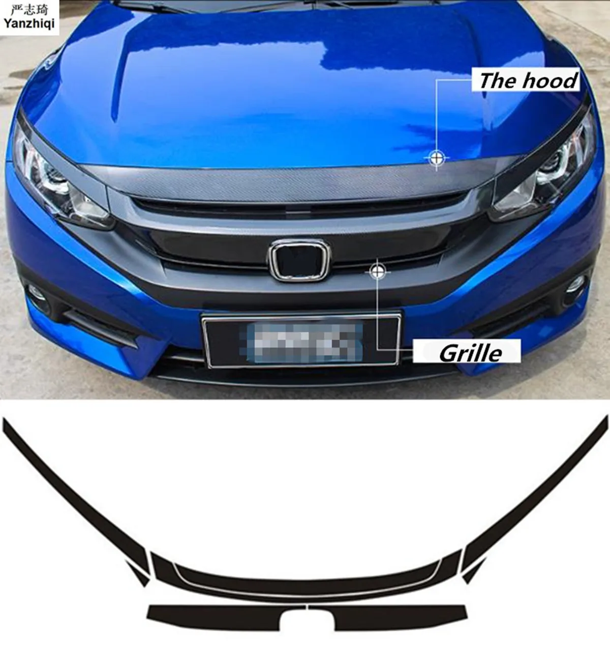 

Carbon Fiber Vinyl Front Grille Decal Skin Engine cover sticker For HONDA CIVIC Sedan RS 10th Gen 2016 2017 2018 Car Styling