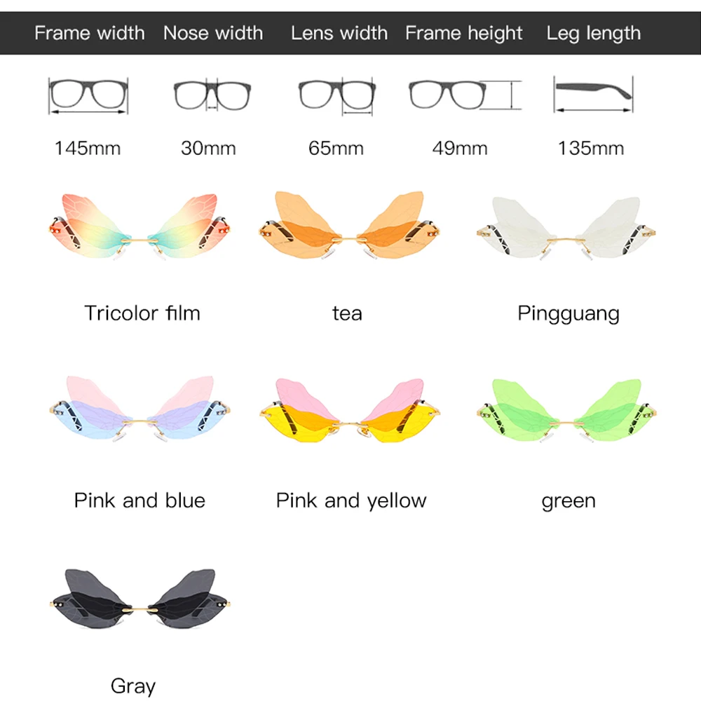 

LongKeeper 2020 Luxury Dragonfly Wing Sunglasses Women Fashion Rimless Sun Glasses Female Vintage Colorful Party Shades UV400