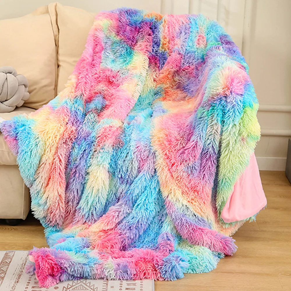 

Blue Rainbow Plush Large Faux Fur Blankets Super Soft Warm Fluffy Shaggy Colorful Throw Fleece Furry Bedroom Sofa Cover