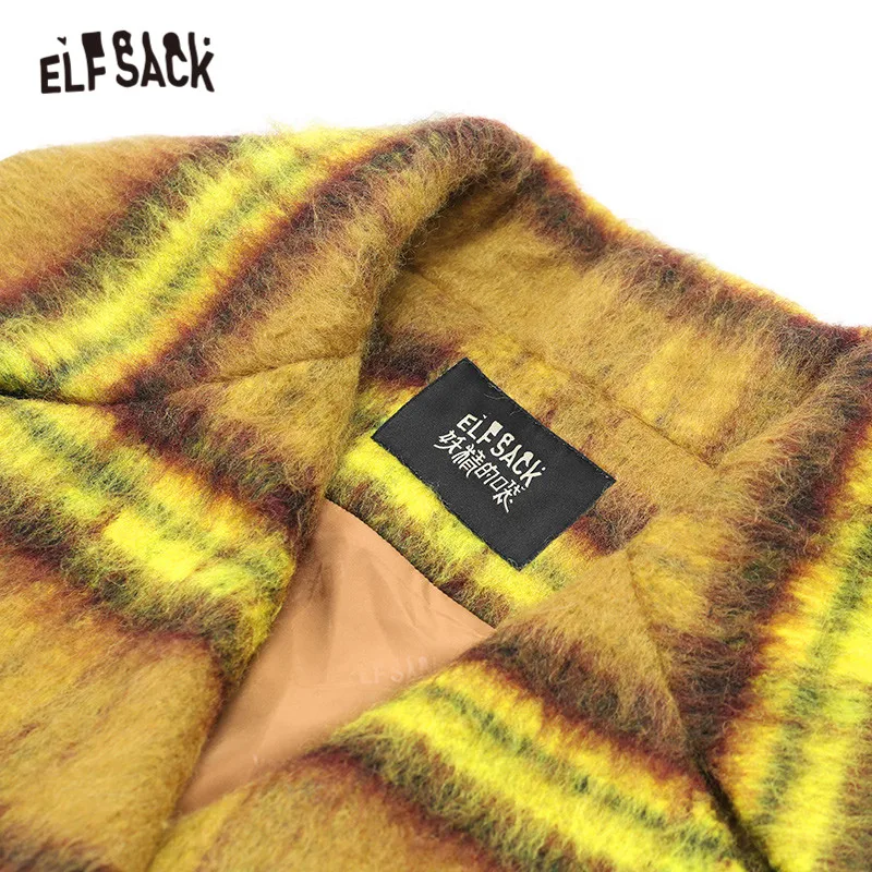 Женское прямое шерстяное пальто ELFSACK повседневное теплое двубортное в клетку с