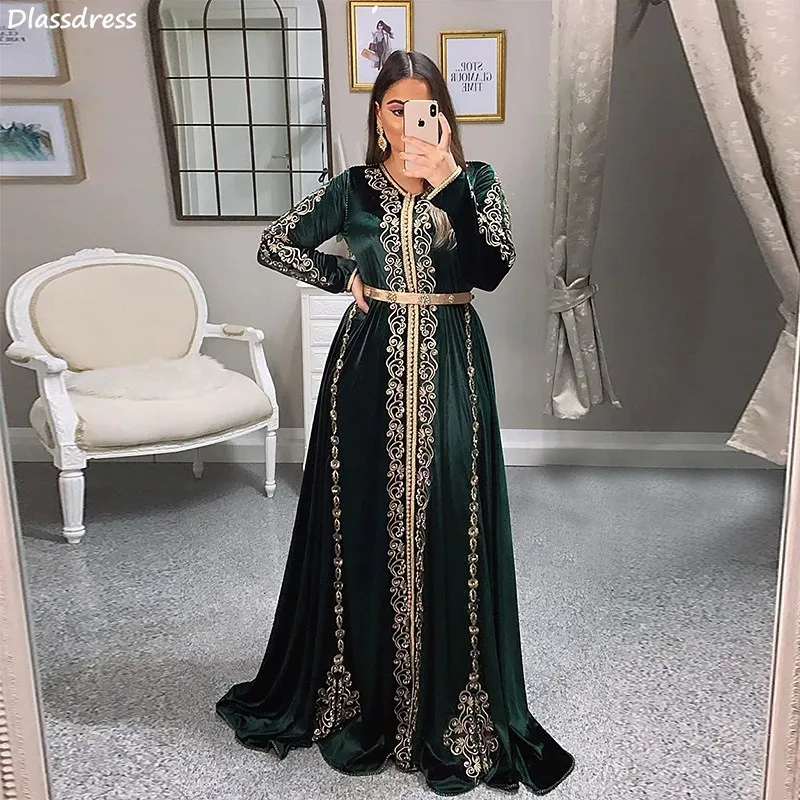 

Satin Evening Dress 2020 New Muslim Style For Arabric Long Sleeves V-neck Applique Floor Length Prom Dress vestidos de fiesta