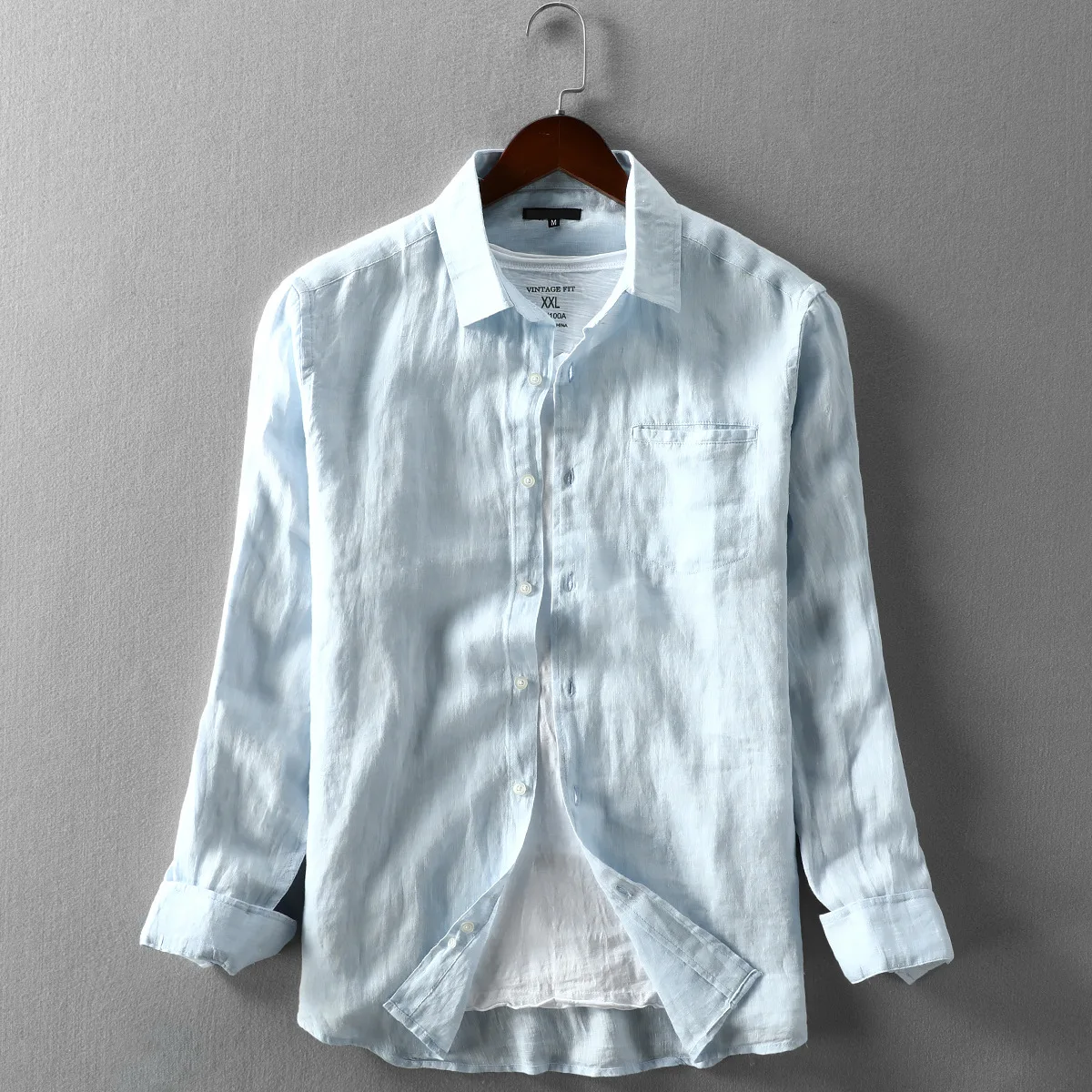 

2021 turn down collar long sleeve pure linen men light blue men's summer lightweight casual shirts with pocket