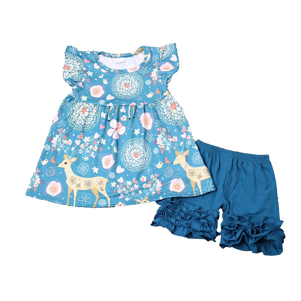 

Summer Baby Girls Clothing RTS Wholesale Retail Cute Deer Floral Tunic Short Sleeve Top With Blue Shorts Kids Set Boutique Wear