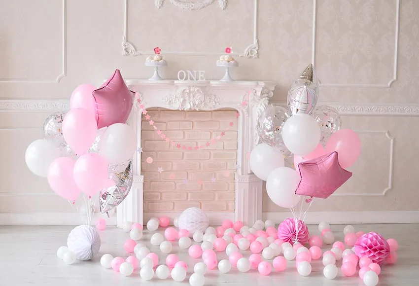 

7x5ft Frame Fireplace White Pink Balloons Girl Birthday Party Custom Photo Studio Background Backdrop Vinyl 220cm x 150cm