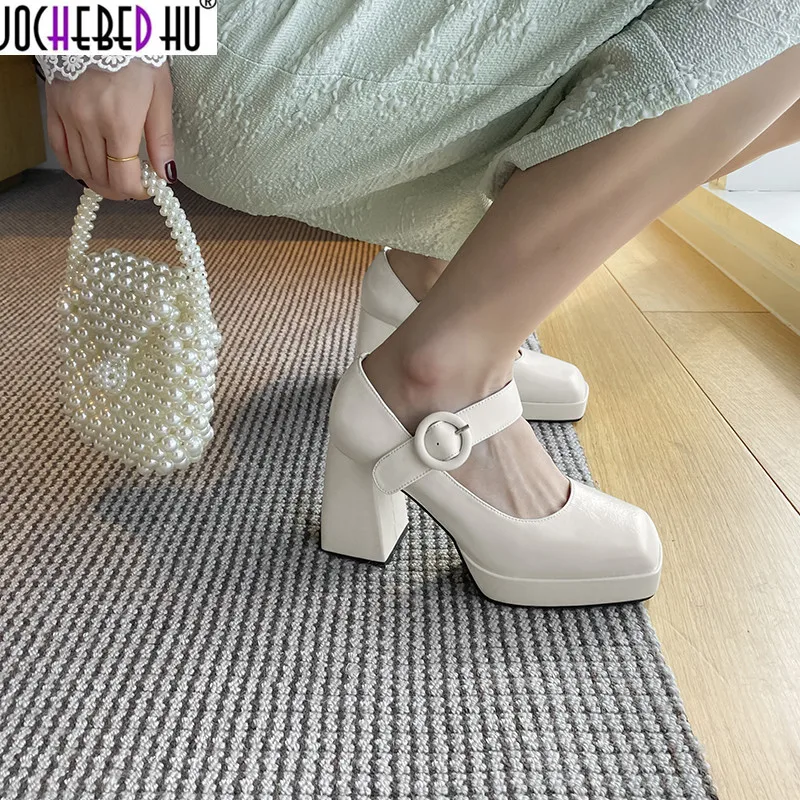 

JOCHEBED HU 2021 French retro thick bottom Mary Jane woman shoes leather chunky heel women platform square toe Mary Jane shoes