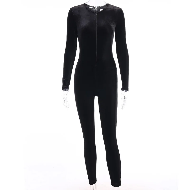 

Sexy Zipper V Neck Velvet Rompers Womens Body Femme Jumpsuit Elegant Long Sleeve Leggings Bodycon Black Festival Jumpsuit Women