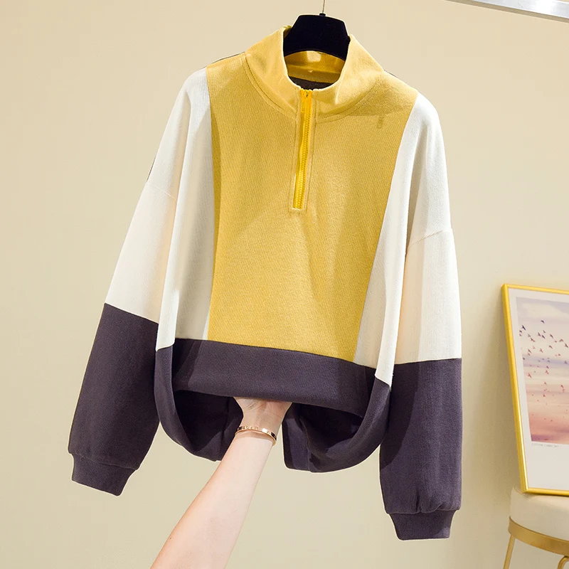 

European large women's T-shirt autumn / winter 2020 loose stitching contrast T-shirt front zipper top for women