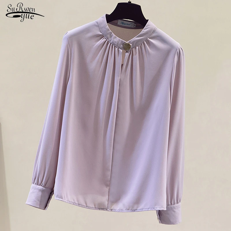 

Autumn Pure Simple Stand-up Collar Feminine Blouse Pleated Long-sleeved Chiffon Shirt Top Loose Thin Elegant Woman Clothes 16621