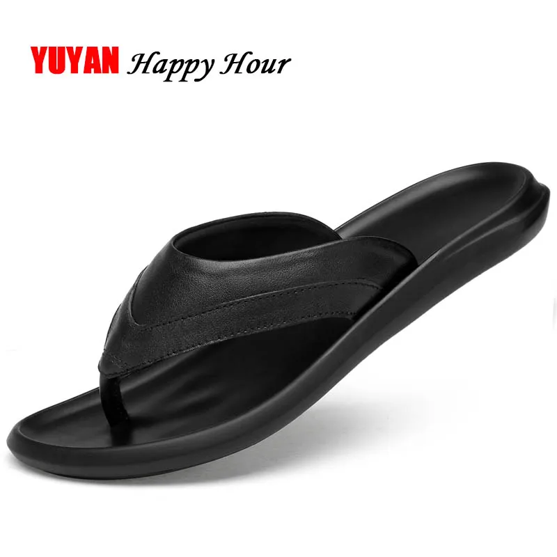 New Cowhide Slippers Men Flip Flips Genuine Leather Beach Summer Shoes High Quality Men's Male Black Brown ZHK216 | Обувь