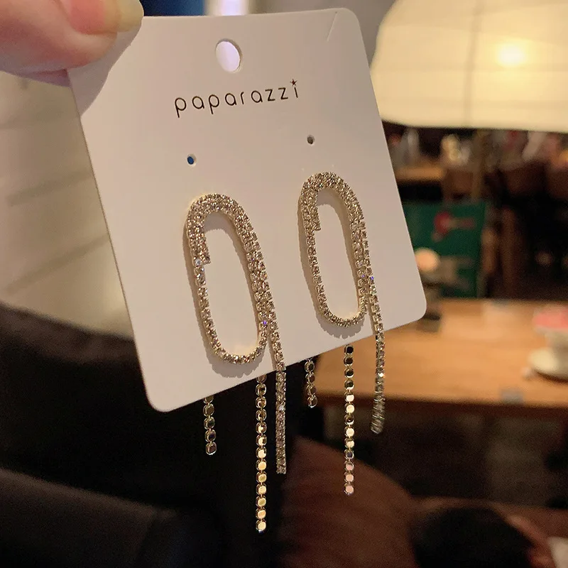 

Оригинальные летние корейские модные ажурные Стразы Висячие серьги для женщин сверкающие длинные кисточки металлические серьги ювелирные...