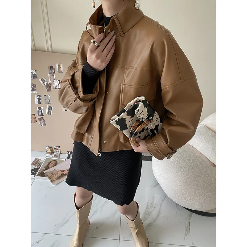 

Autumn New Girl Leather Jacket Long Women's Leather Coat Slim Fashion Punk Female Motorcycle Clothing Faux Leather Blazer Spring