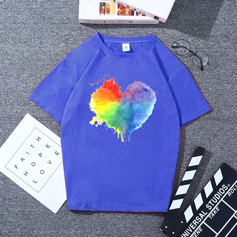 

High-quality 100% cotton Harajuku Rainbow LOVE Letters Printed T Shirt Women Cartoon T-shirt 90s Graphic Casual Tshirt Fashion T