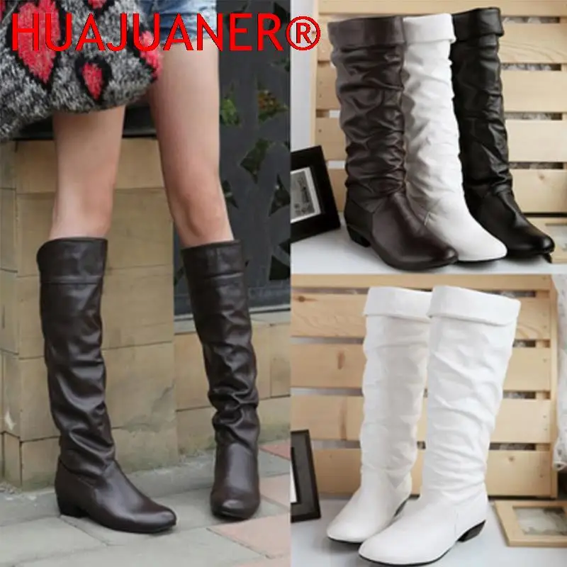 

Women Leahter Knee High Boots Fashion Folding Slip on Winter High Boots Casual Low Heels White Black Long Slim Boots Ladies 2022