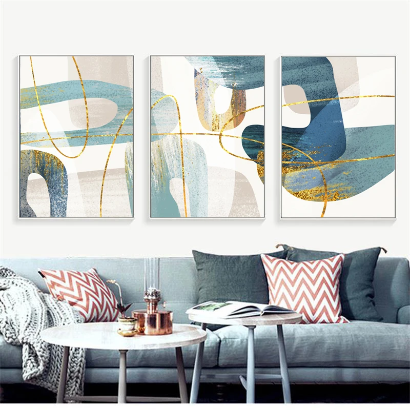 

Nordic Abstract Modern Blue Canvas Painting Decoration Golden Line Poster Print Wall Art Picture for Living Room Bedroom Home