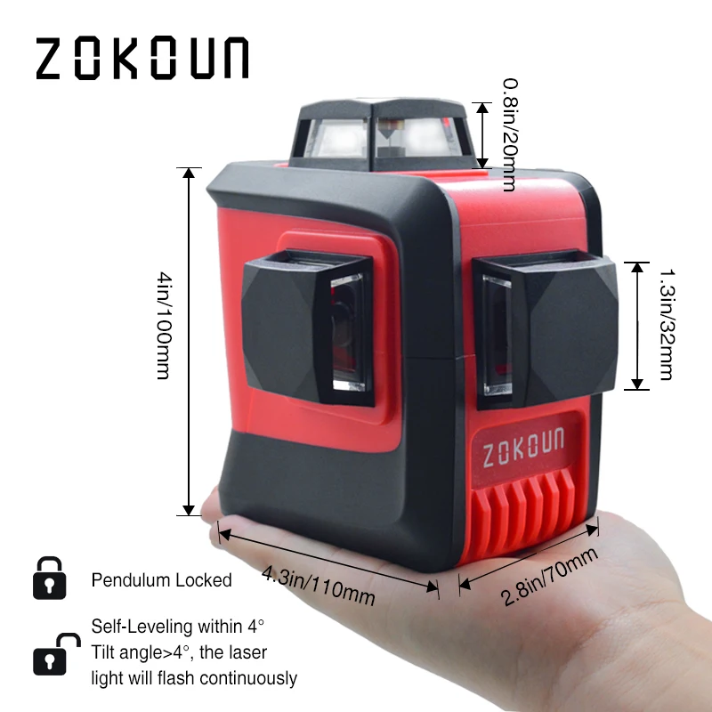 ZOKOUN CE сертифицированные 3D линии самонивелирующиеся 360 горизонтальный и вертикальный крест супер мощный красный лазерный луч линии лазерный уровень