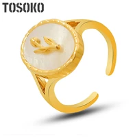 tosoko stainless steel jewelry geometric white seashell flower carving ring womens fashion opening ring bsa316