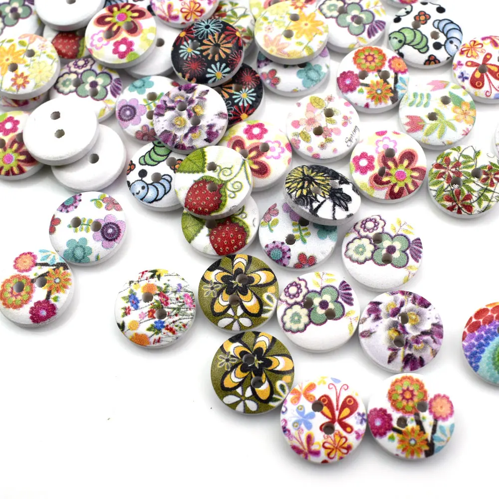 100 шт 15 мм цветочный узор круглая деревянная кнопка разные деревянные пуговицы 2