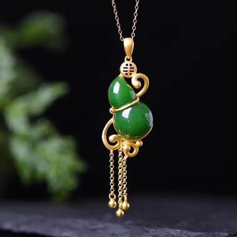 

Natural Hetian Jade Green Jade Pendant Gourd Jade Necklace Women's Sterling Silver Gold Inlaid Gift for Mother High-End
