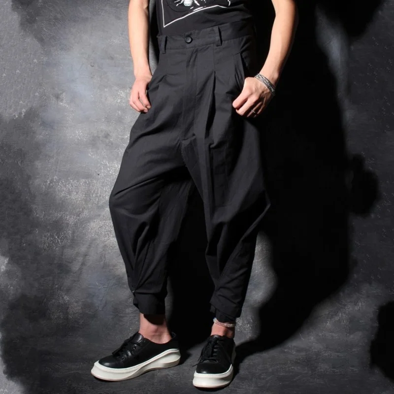 Fashion Designer Cross Pants Mens Suit Pants Harajuku Loose Black Harem Trousers Personality Drop Crotch Wide Legged Pants Male