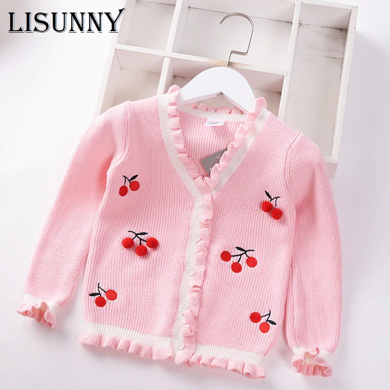 

Girls Cardigan Sweater 2021 Spring Autumn New V-Neck lace Cherry Kids Sweater Children Jacket Baby Clothes Lolita Style 2-7y