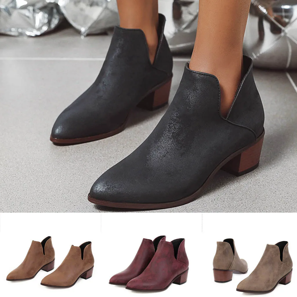 

Fashion women's boots leather non-slip sleeve pointed toe low heel ankle boots women's retro low heel nude boots