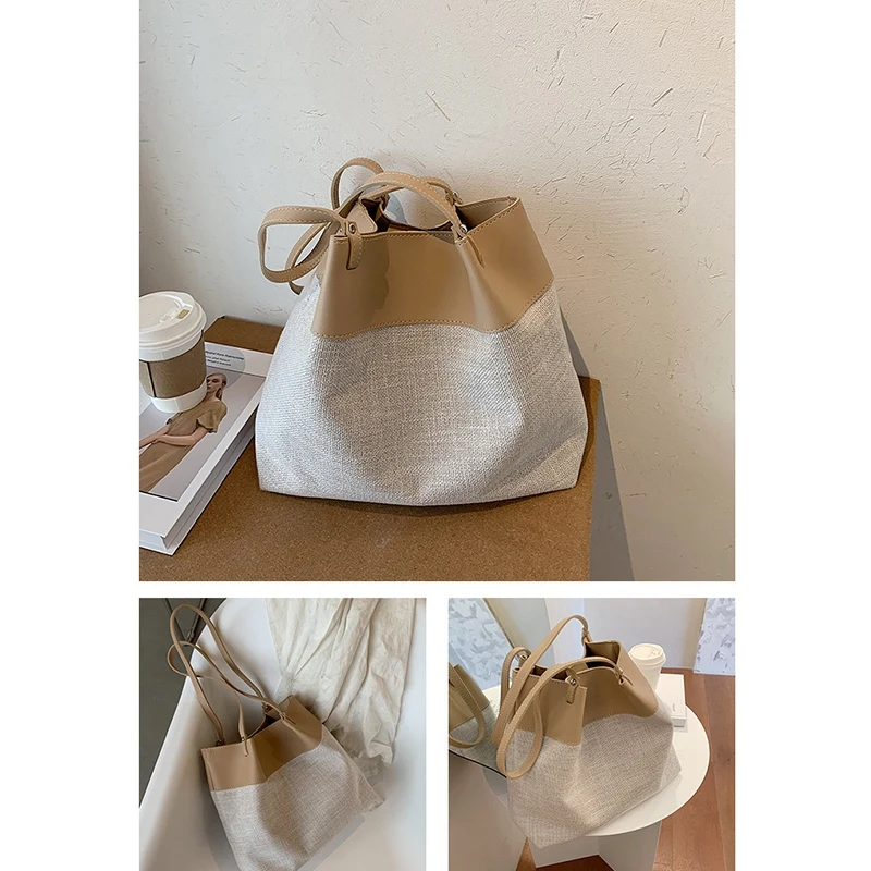 

Straw Women's Stitching Woven Bag Fashion New Large-Capacity Shoulder Bag Shopping Bag Leisure Beach Bag