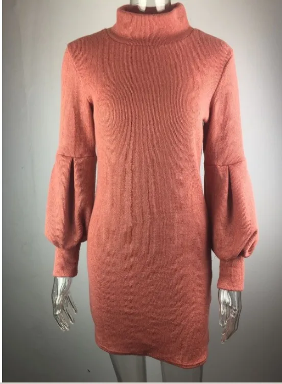 

Lady Solid Color Long Sleeve Sexy Knit Dresses Above Knee Turtleneck Dress for Women Street Style Straight Lantern Sleeve Dress